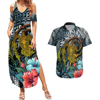 Hawaii Turtle Couples Matching Summer Maxi Dress and Hawaiian Shirt Hawaii Pattern and Turtle Tattoo Dark Cyan Gradient TS04 Gradient - Polynesian Pride