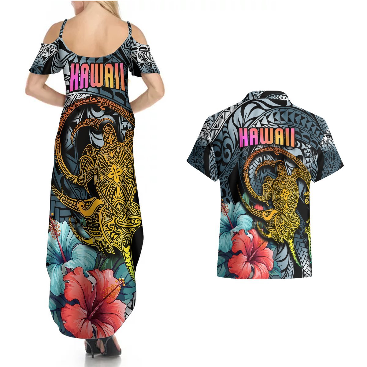 Hawaii Turtle Couples Matching Summer Maxi Dress and Hawaiian Shirt Hawaii Pattern and Turtle Tattoo Dark Cyan Gradient TS04 - Polynesian Pride