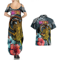 Hawaii Turtle Couples Matching Summer Maxi Dress and Hawaiian Shirt Hawaii Pattern and Turtle Tattoo Dark Cyan Gradient TS04 - Polynesian Pride