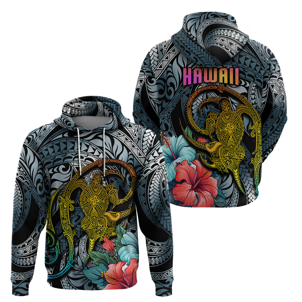 Hawaii Turtle Hoodie Hawaii Pattern and Turtle Tattoo Dark Cyan Gradient TS04 - Polynesian Pride