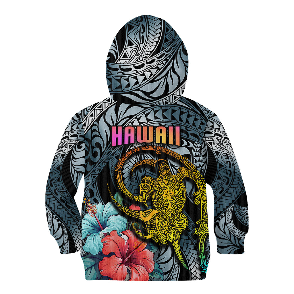 Hawaii Turtle Kid Hoodie Hawaii Pattern and Turtle Tattoo Dark Cyan Gradient TS04 - Polynesian Pride