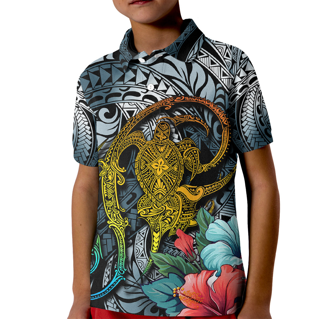 Hawaii Turtle Kid Polo Shirt Hawaii Pattern and Turtle Tattoo Dark Cyan Gradient TS04 Kid Gradient - Polynesian Pride