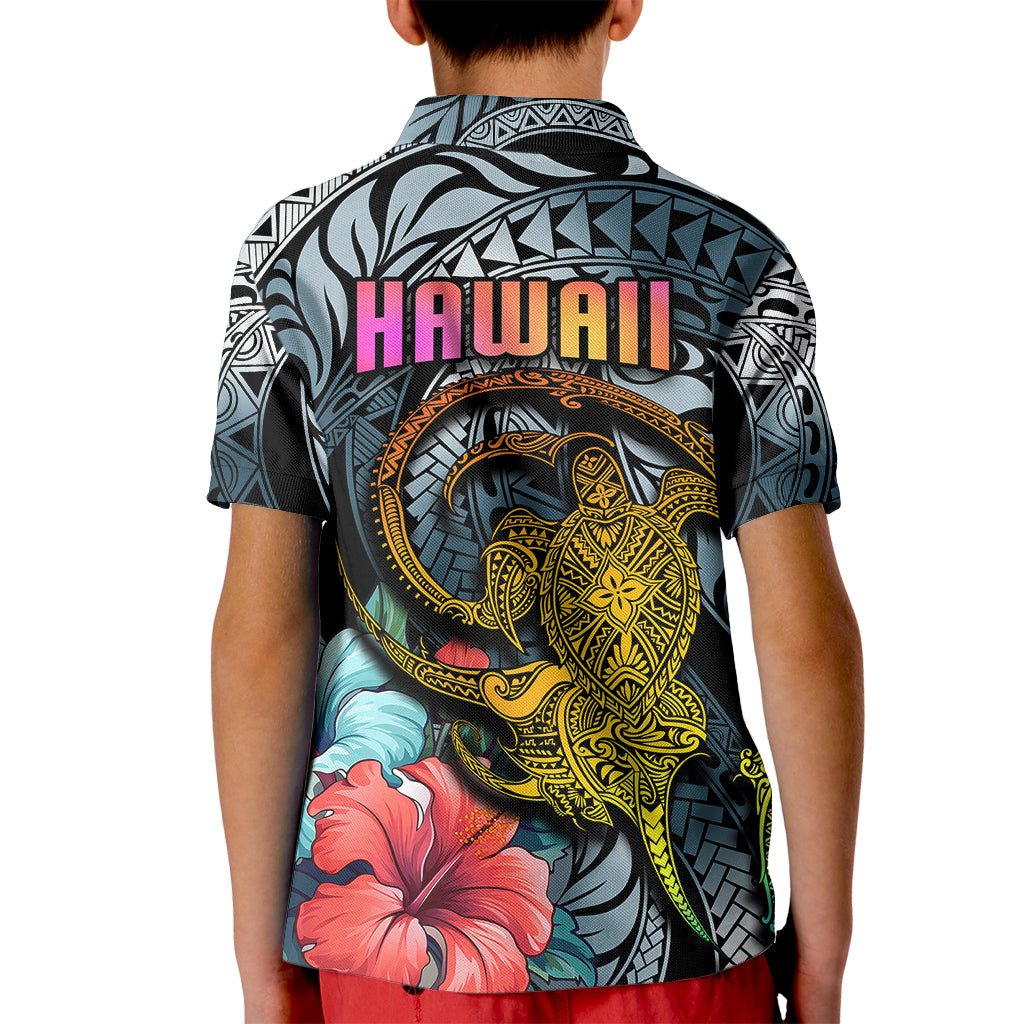 Hawaii Turtle Kid Polo Shirt Hawaii Pattern and Turtle Tattoo Dark Cyan Gradient TS04 - Polynesian Pride