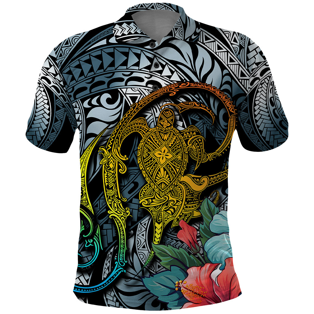 Hawaii Turtle Polo Shirt Hawaii Pattern and Turtle Tattoo Dark Cyan Gradient TS04 Gradient - Polynesian Pride
