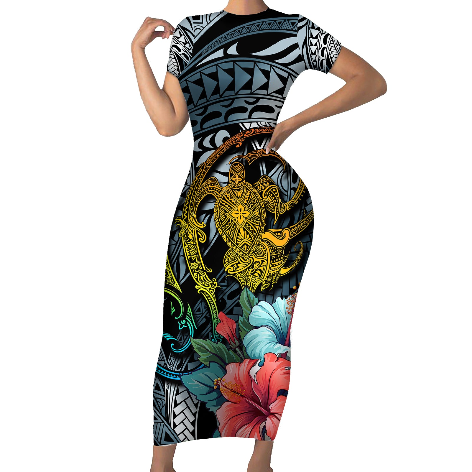 Hawaii Turtle Short Sleeve Bodycon Dress Hawaii Pattern and Turtle Tattoo Dark Cyan Gradient TS04 Long Dress Gradient - Polynesian Pride