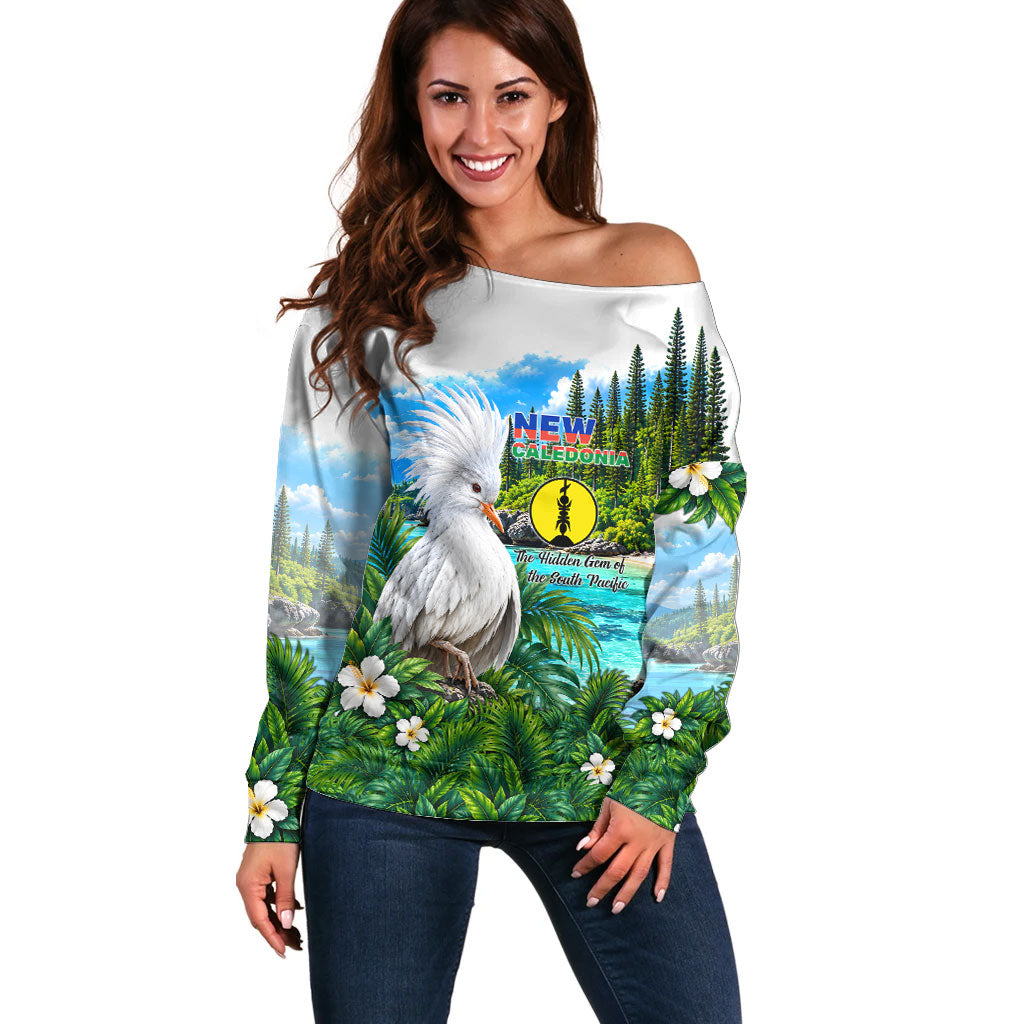 New Caledonia Kagu Bird Nature Off Shoulder Sweater South Pacific Hidden Gem Tropical Landscape TS04 Women Green White - Polynesian Pride