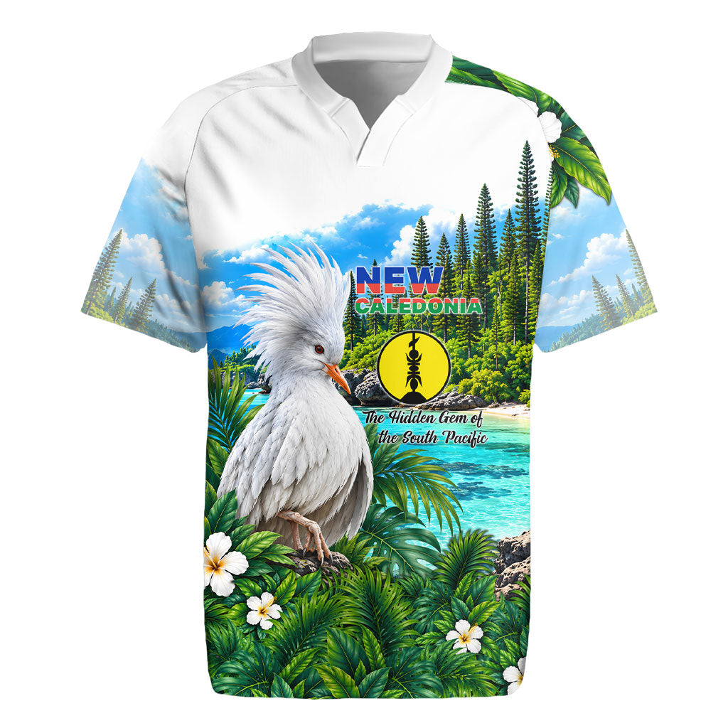 New Caledonia Kagu Bird Nature Rugby Jersey South Pacific Hidden Gem Tropical Landscape TS04 Green White - Polynesian Pride