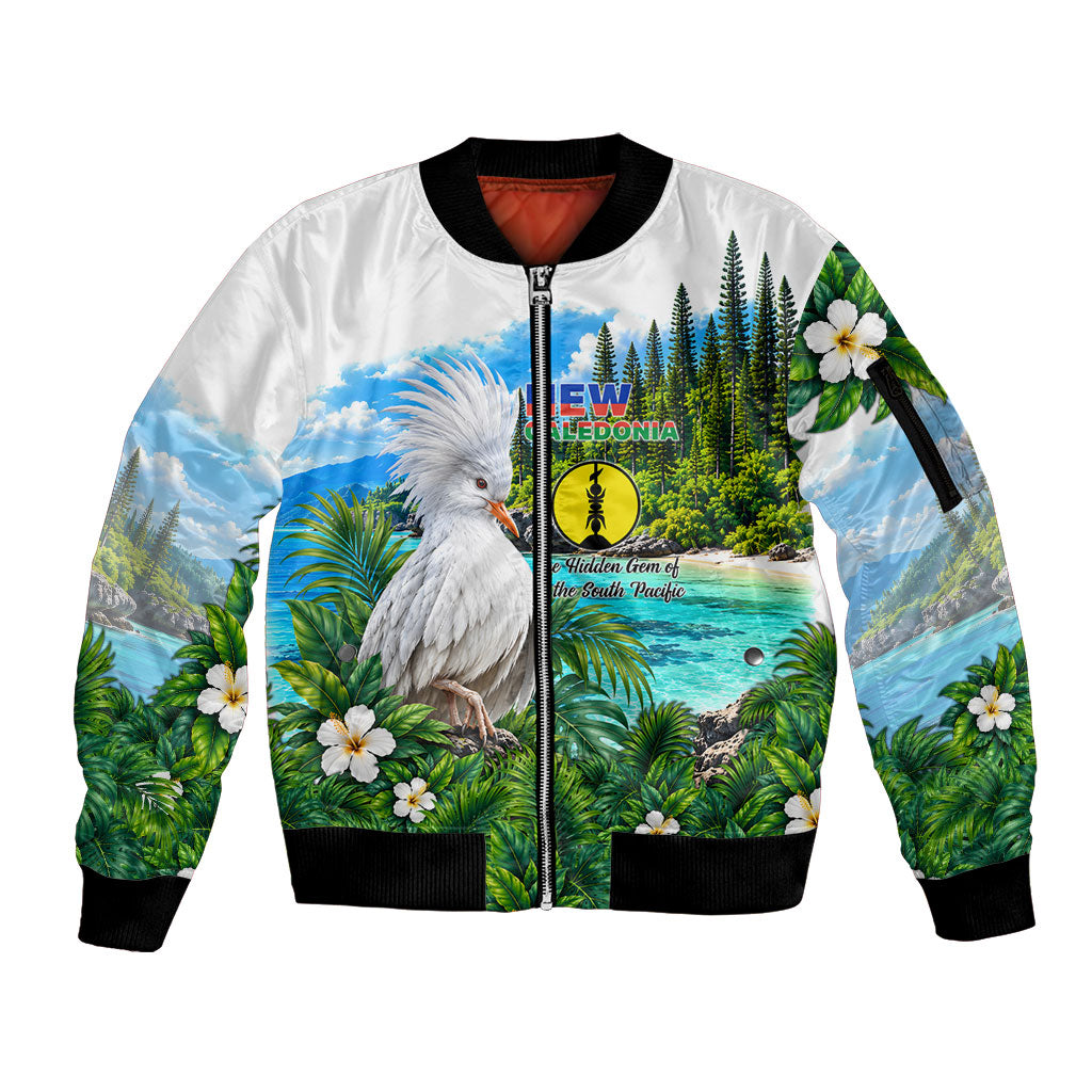 New Caledonia Kagu Bird Nature Sleeve Zip Bomber Jacket South Pacific Hidden Gem Tropical Landscape TS04 Unisex Green White - Polynesian Pride