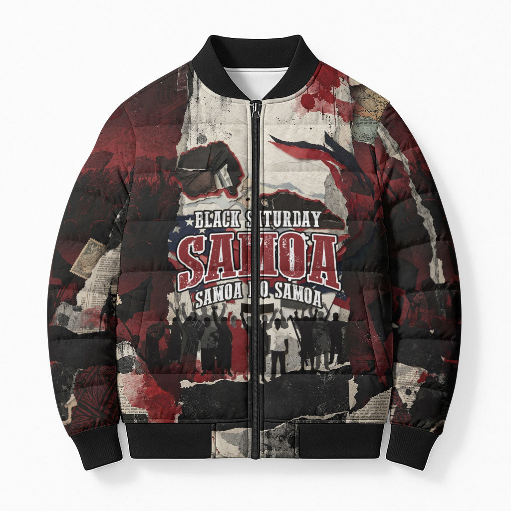 Samoa Black Saturday 1929 Bomber Puffer Jacket Mau Movement Vintage Newspaper Grunge Polynesian TS04 Unisex Black Red - Polynesian Pride