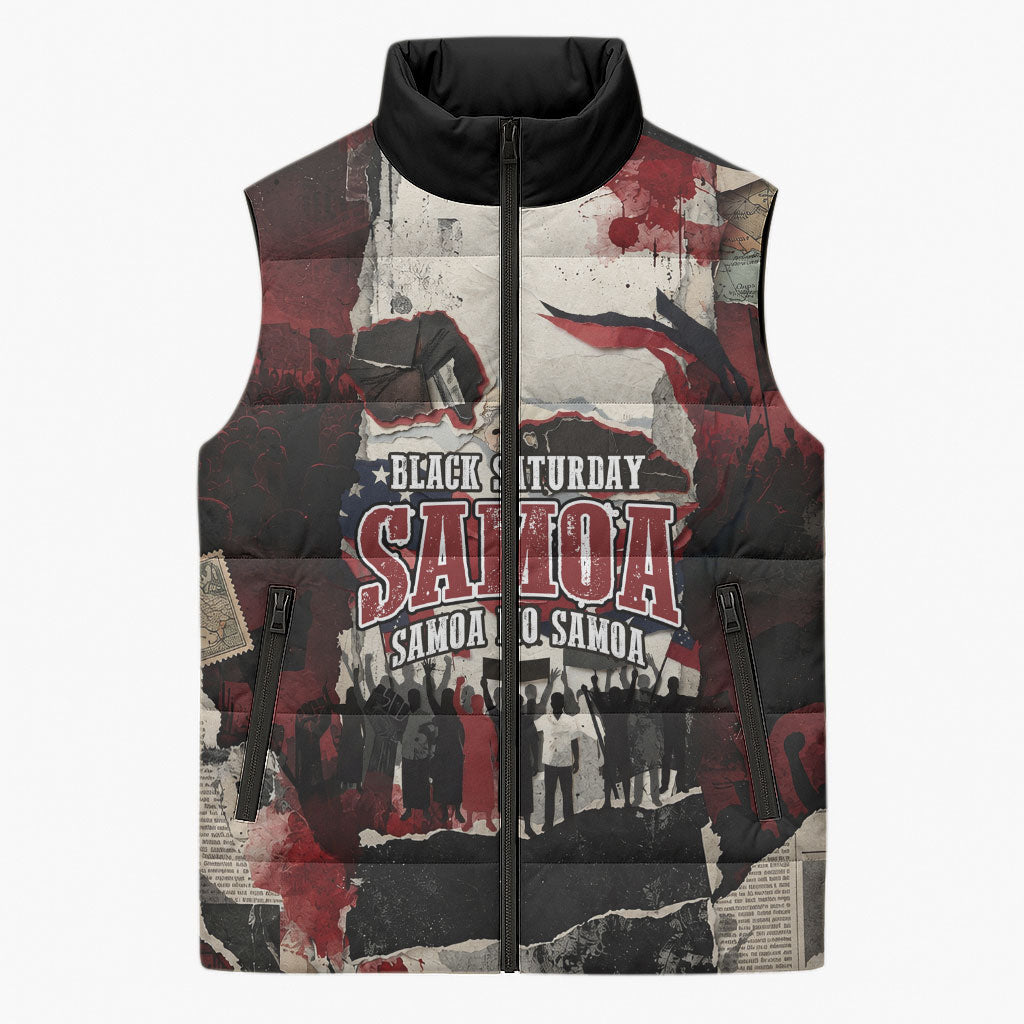 Samoa Black Saturday 1929 Sleeveless Puffer Jacket Mau Movement Vintage Newspaper Grunge Polynesian TS04 Unisex Black Red - Polynesian Pride