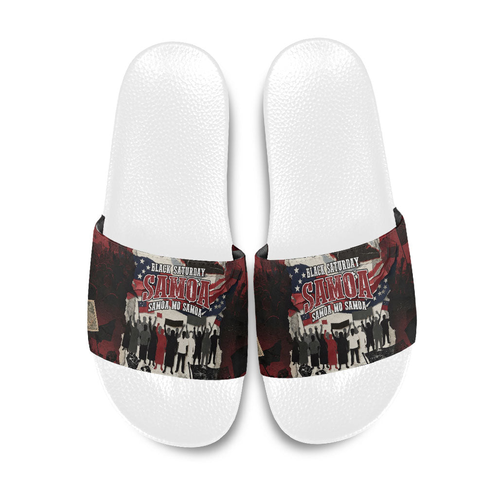 Samoa Black Saturday 1929 Slide Sandals Mau Movement Vintage Newspaper Grunge Polynesian TS04 Black Red - Polynesian Pride