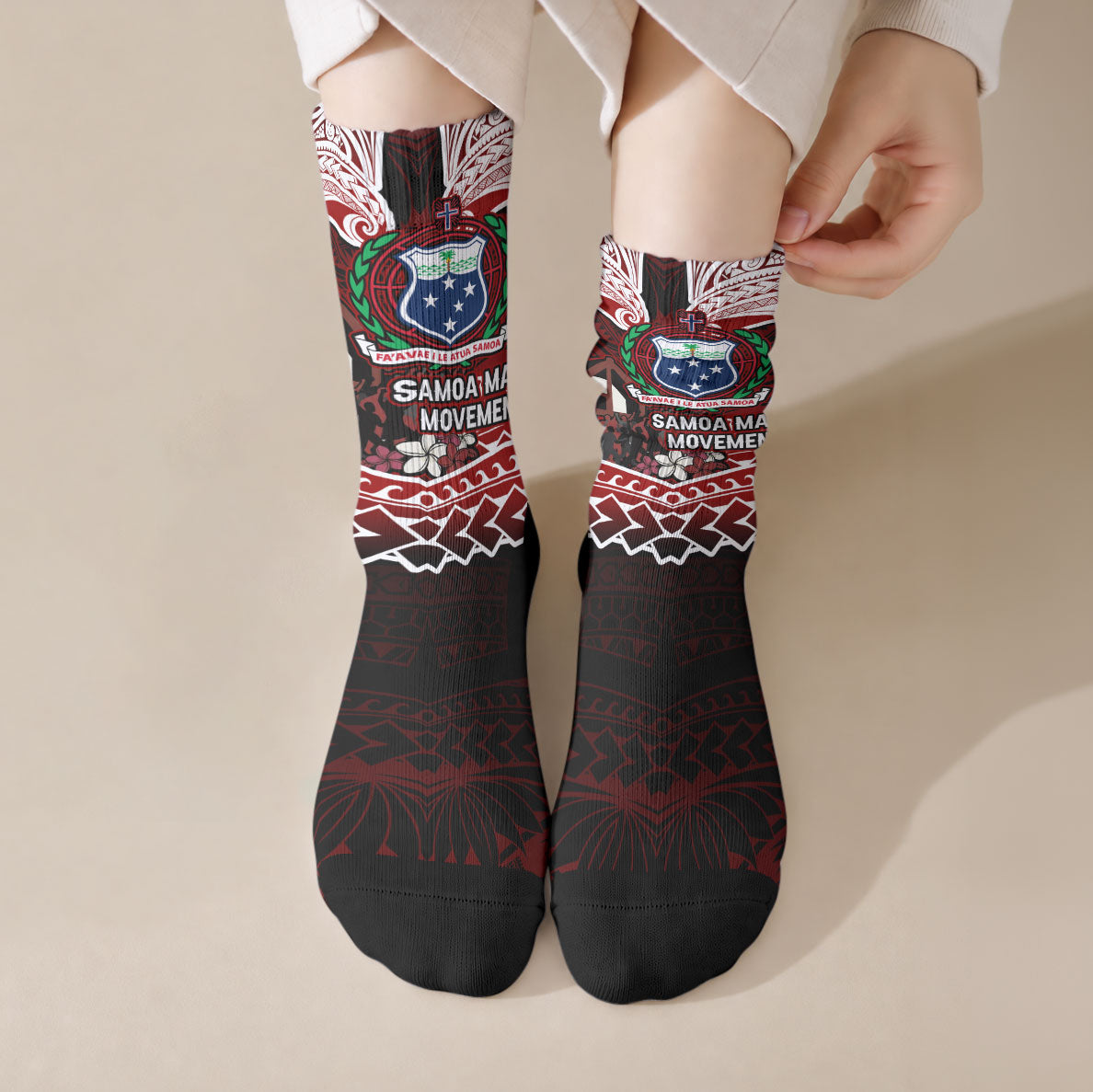 Samoa Black Saturday Mau Movement Crew Socks Polynesian Tribal Pattern Coat Of Arms Graphic Art