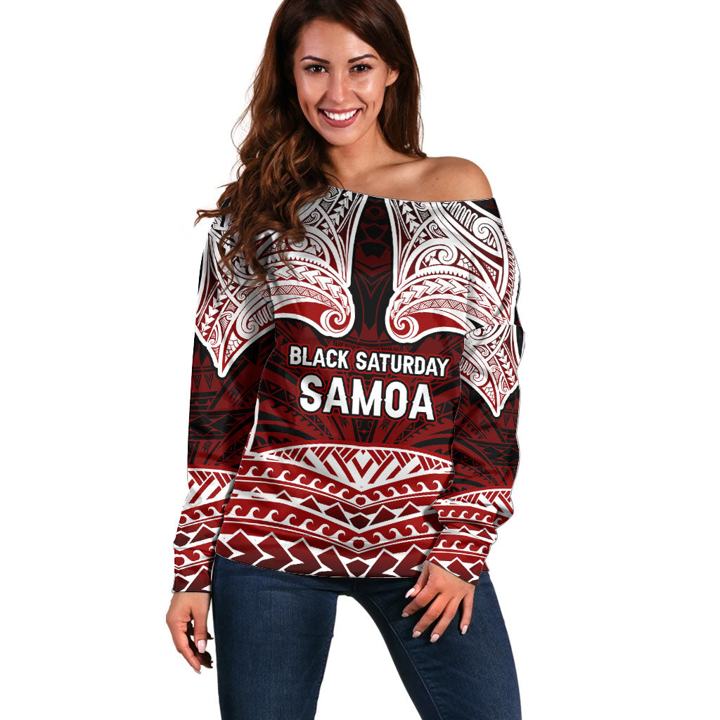 Samoa Black Saturday Mau Movement Off Shoulder Sweater Polynesian Tribal Pattern Coat Of Arms Graphic Art TS04 Women Red White - Polynesian Pride