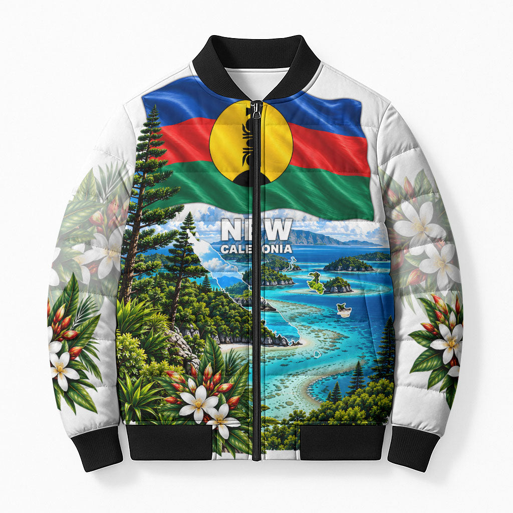 New Caledonia Kanak Flag Landscape Bomber Puffer Jacket Tropical Island Nature Floral TS04 Unisex White Green - Polynesian Pride