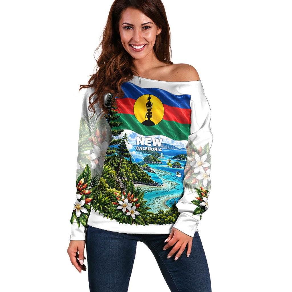 New Caledonia Kanak Flag Landscape Off Shoulder Sweater Tropical Island Nature Floral TS04 Women White Green - Polynesian Pride