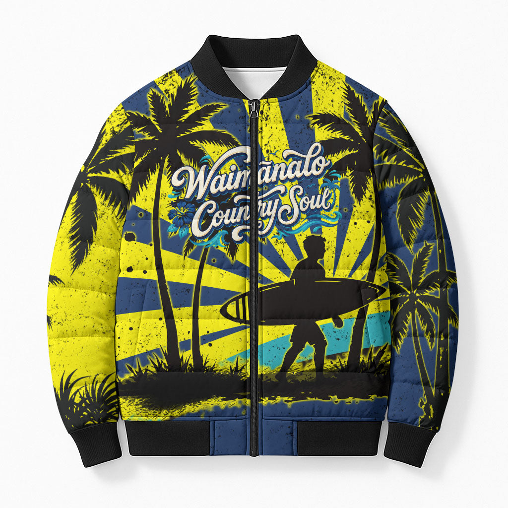 Waimanalo Oahu Hawaii Surfing Bomber Puffer Jacket Tropical Beach Retro Sunburst Surfboard