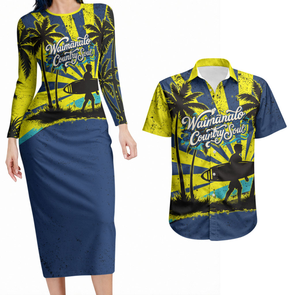 Waimanalo Oahu Hawaii Surfing Couples Matching Long Sleeve Bodycon Dress and Hawaiian Shirt Tropical Beach Retro Sunburst Surfboard TS04 Yellow Blue - Polynesian Pride