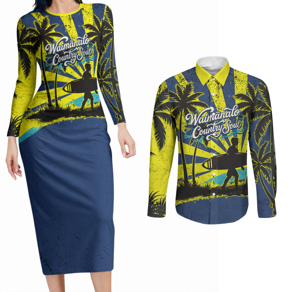 Waimanalo Oahu Hawaii Surfing Couples Matching Long Sleeve Bodycon Dress and Long Sleeve Button Shirt Tropical Beach Retro Sunburst Surfboard