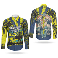 Waimanalo Oahu Hawaii Surfing Couples Matching Mermaid Dress and Long Sleeve Button Shirt Tropical Beach Retro Sunburst Surfboard