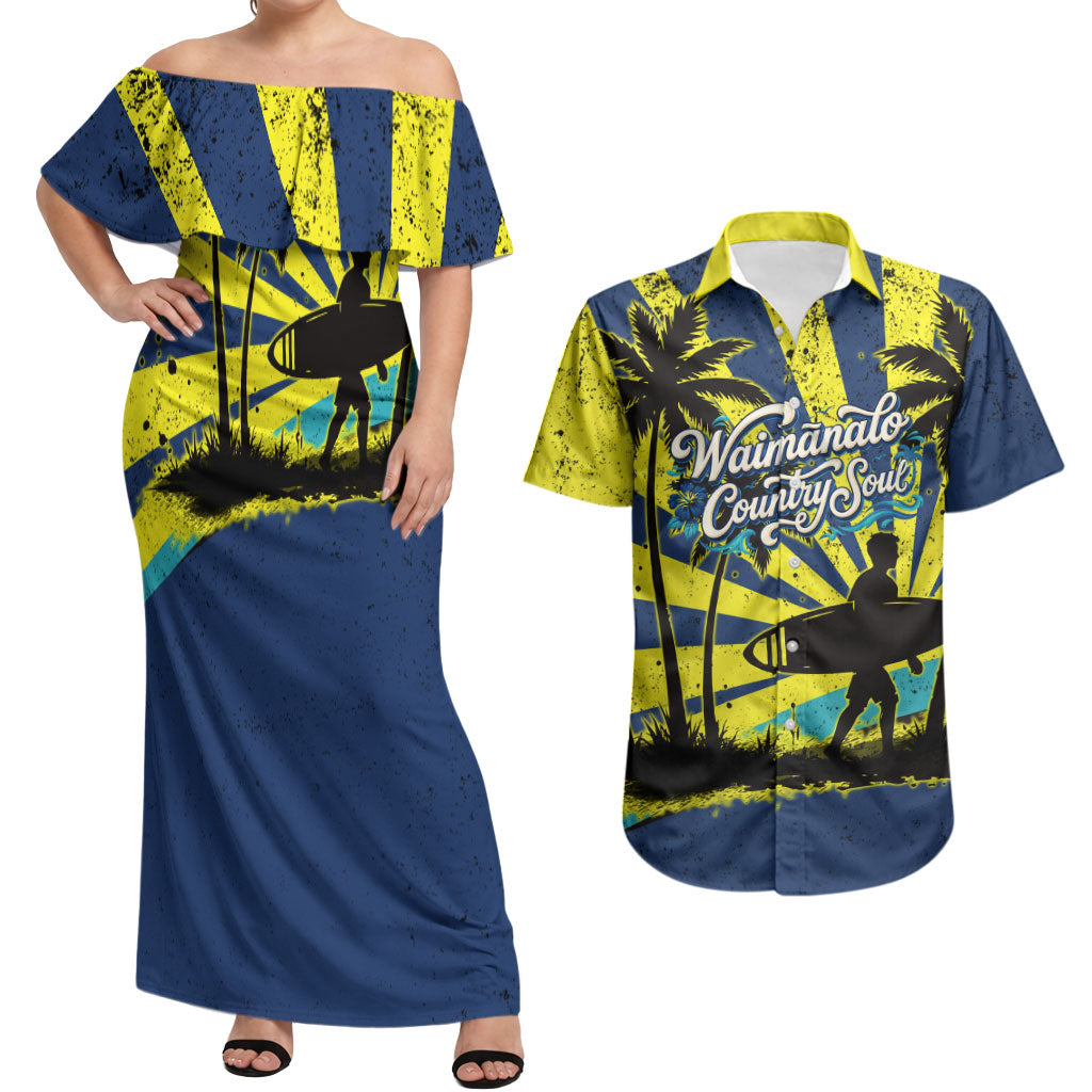 Waimanalo Oahu Hawaii Surfing Couples Matching Off Shoulder Maxi Dress and Hawaiian Shirt Tropical Beach Retro Sunburst Surfboard