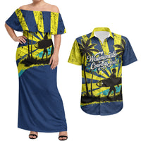 Waimanalo Oahu Hawaii Surfing Couples Matching Off Shoulder Maxi Dress and Hawaiian Shirt Tropical Beach Retro Sunburst Surfboard