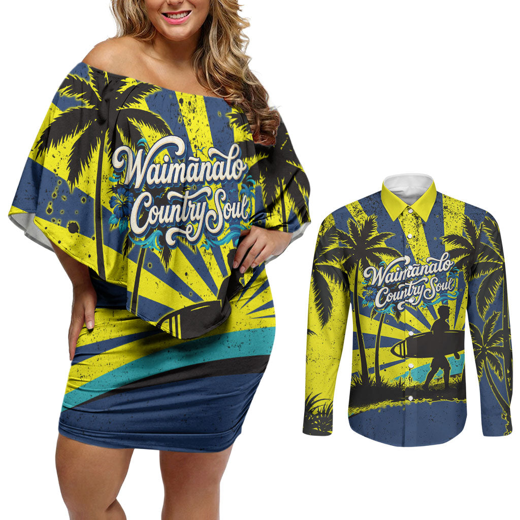 Waimanalo Oahu Hawaii Surfing Couples Matching Off Shoulder Short Dress and Long Sleeve Button Shirt Tropical Beach Retro Sunburst Surfboard TS04 Yellow Blue - Polynesian Pride