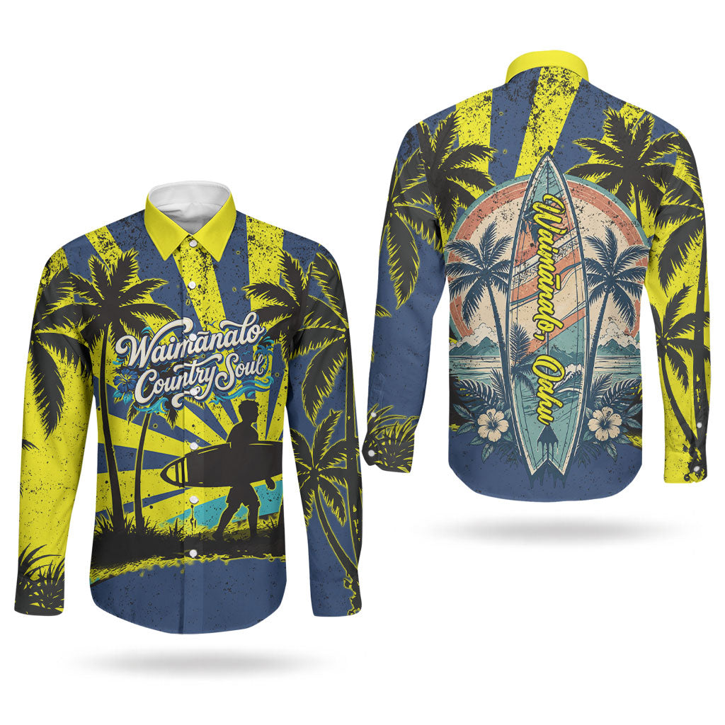 Waimanalo Oahu Hawaii Surfing Couples Matching Off Shoulder Short Dress and Long Sleeve Button Shirt Tropical Beach Retro Sunburst Surfboard