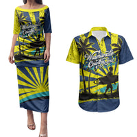 Waimanalo Oahu Hawaii Surfing Couples Matching Puletasi and Hawaiian Shirt Tropical Beach Retro Sunburst Surfboard