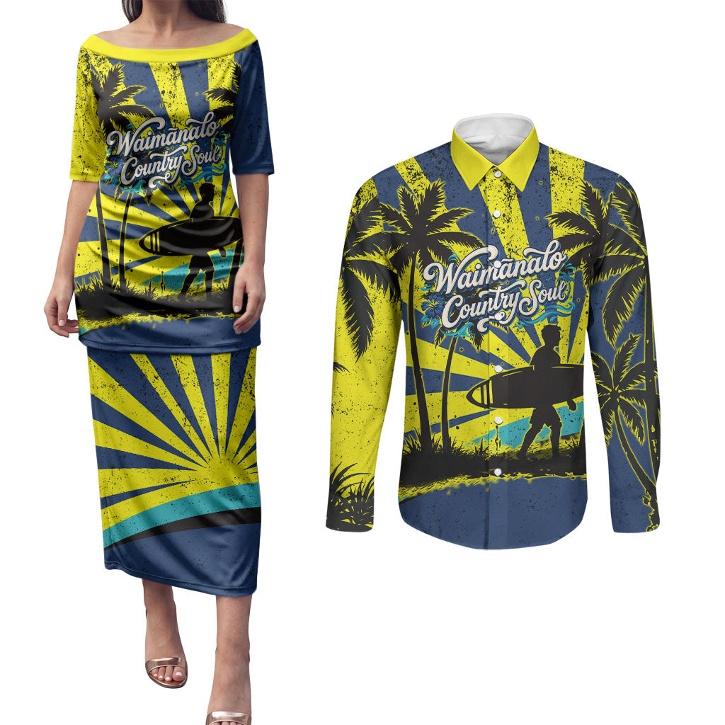 Waimanalo Oahu Hawaii Surfing Couples Matching Puletasi and Long Sleeve Button Shirt Tropical Beach Retro Sunburst Surfboard