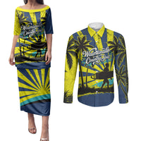Waimanalo Oahu Hawaii Surfing Couples Matching Puletasi and Long Sleeve Button Shirt Tropical Beach Retro Sunburst Surfboard