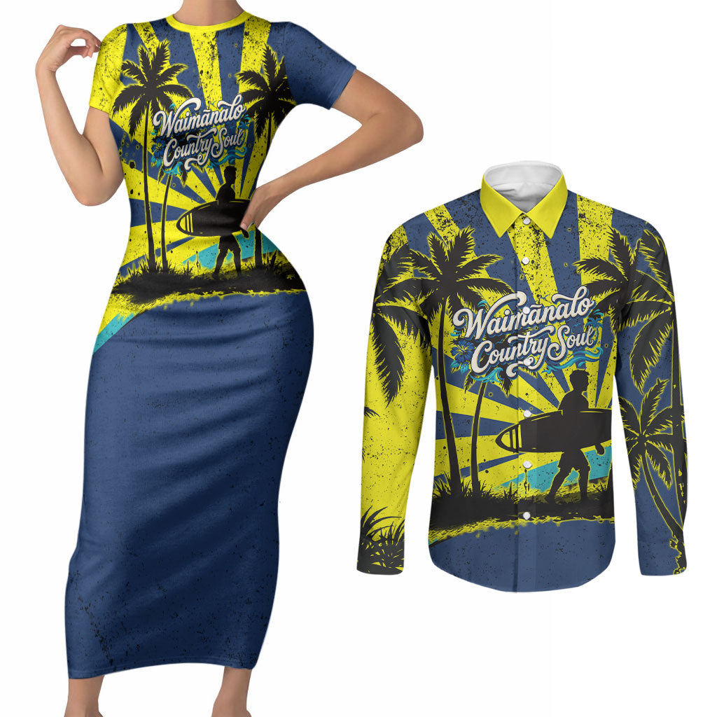 Waimanalo Oahu Hawaii Surfing Couples Matching Short Sleeve Bodycon Dress and Long Sleeve Button Shirt Tropical Beach Retro Sunburst Surfboard