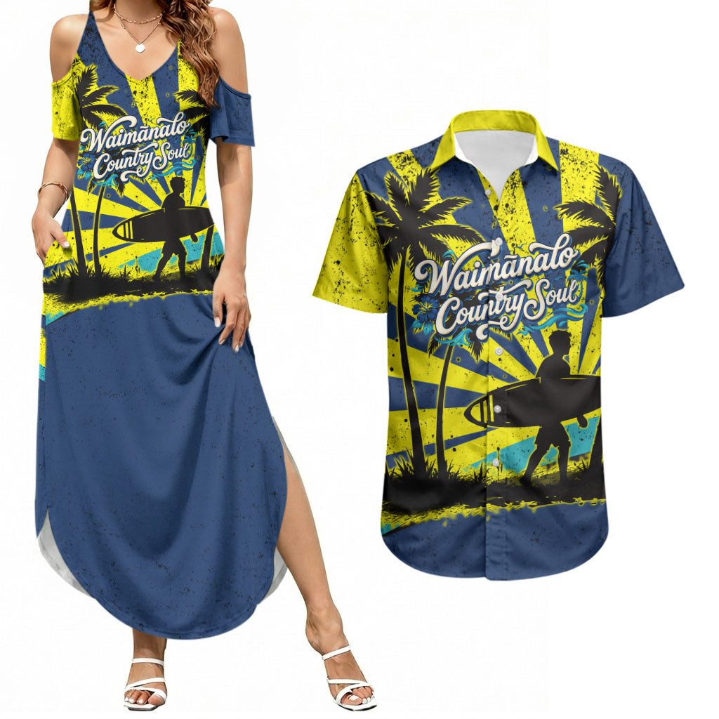 Waimanalo Oahu Hawaii Surfing Couples Matching Summer Maxi Dress and Hawaiian Shirt Tropical Beach Retro Sunburst Surfboard