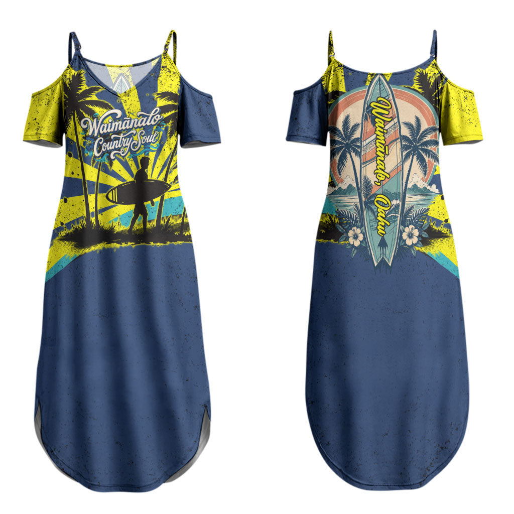 Waimanalo Oahu Hawaii Surfing Couples Matching Summer Maxi Dress and Long Sleeve Button Shirt Tropical Beach Retro Sunburst Surfboard
