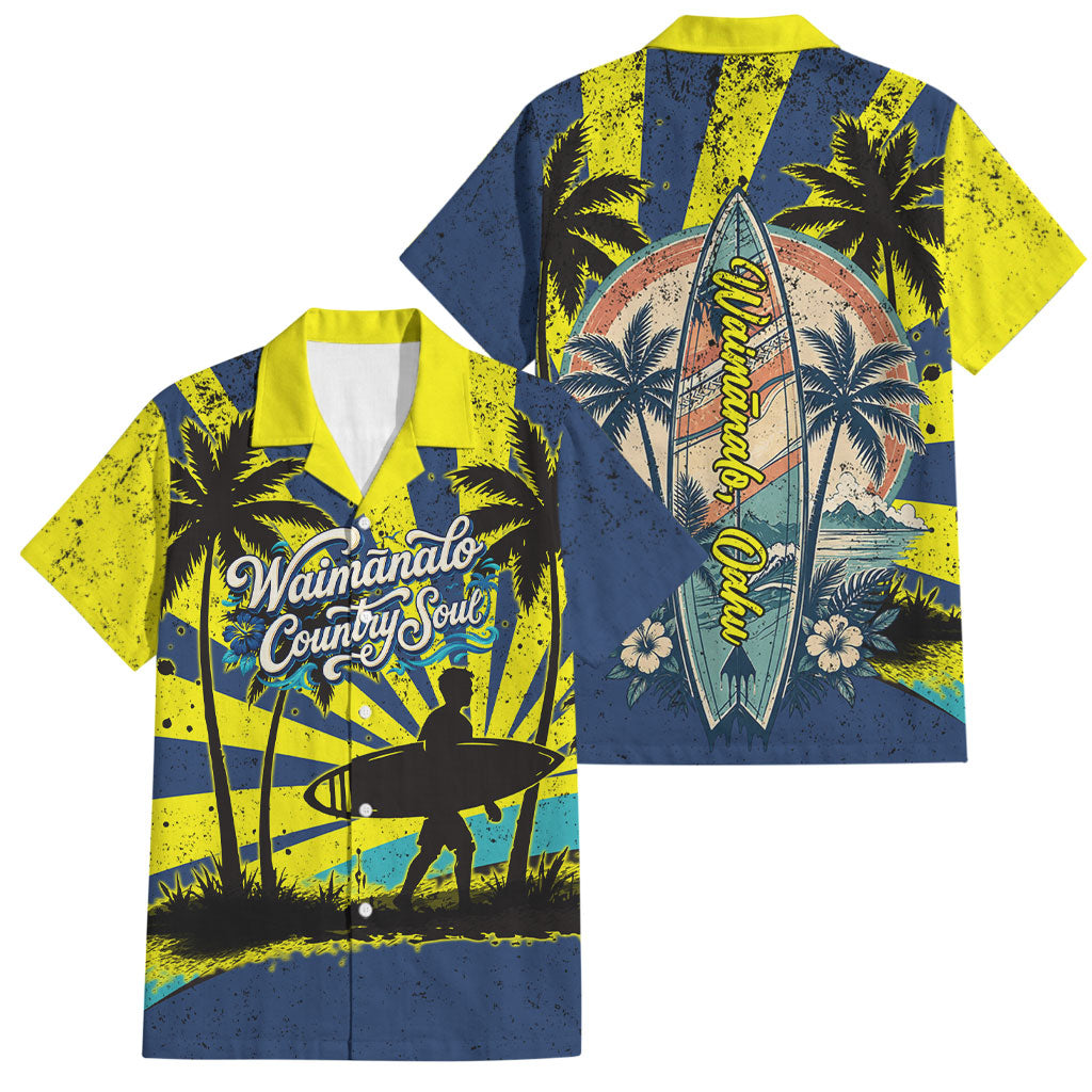 Waimanalo Oahu Hawaii Surfing Family Matching Long Sleeve Bodycon Dress and Hawaiian Shirt Tropical Beach Retro Sunburst Surfboard