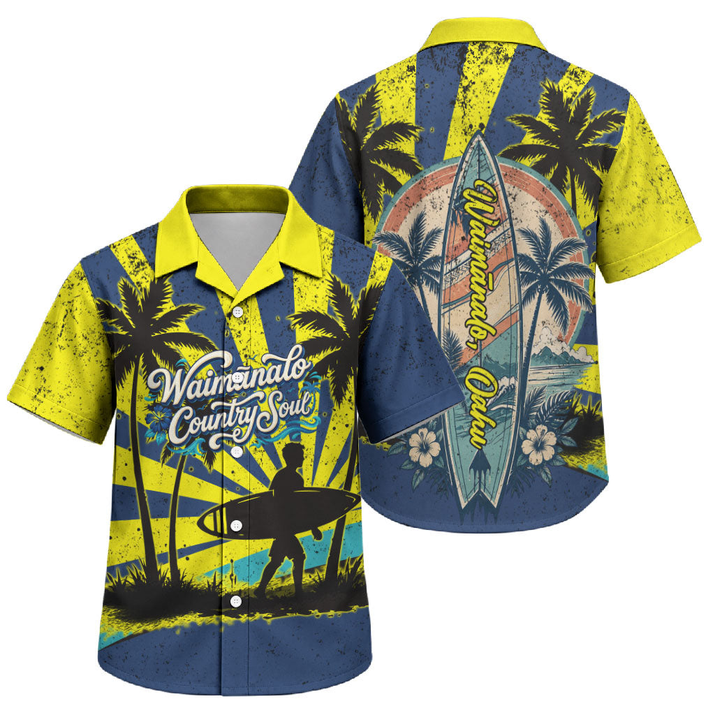Waimanalo Oahu Hawaii Surfing Family Matching Long Sleeve Bodycon Dress and Hawaiian Shirt Tropical Beach Retro Sunburst Surfboard