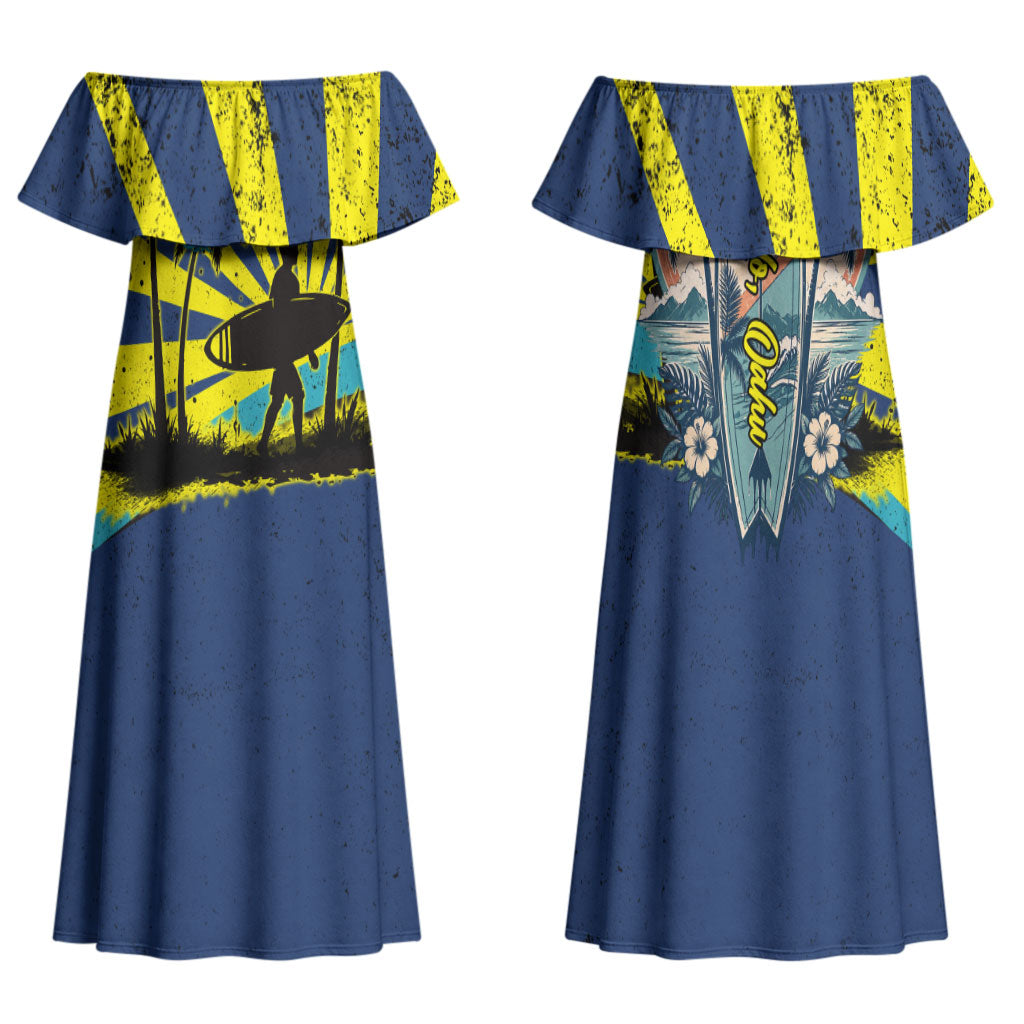 Waimanalo Oahu Hawaii Surfing Family Matching Off Shoulder Maxi Dress and Hawaiian Shirt Tropical Beach Retro Sunburst Surfboard
