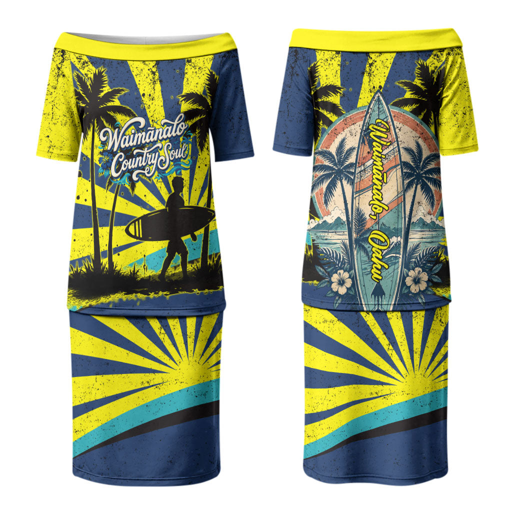 Waimanalo Oahu Hawaii Surfing Family Matching Puletasi and Hawaiian Shirt Tropical Beach Retro Sunburst Surfboard