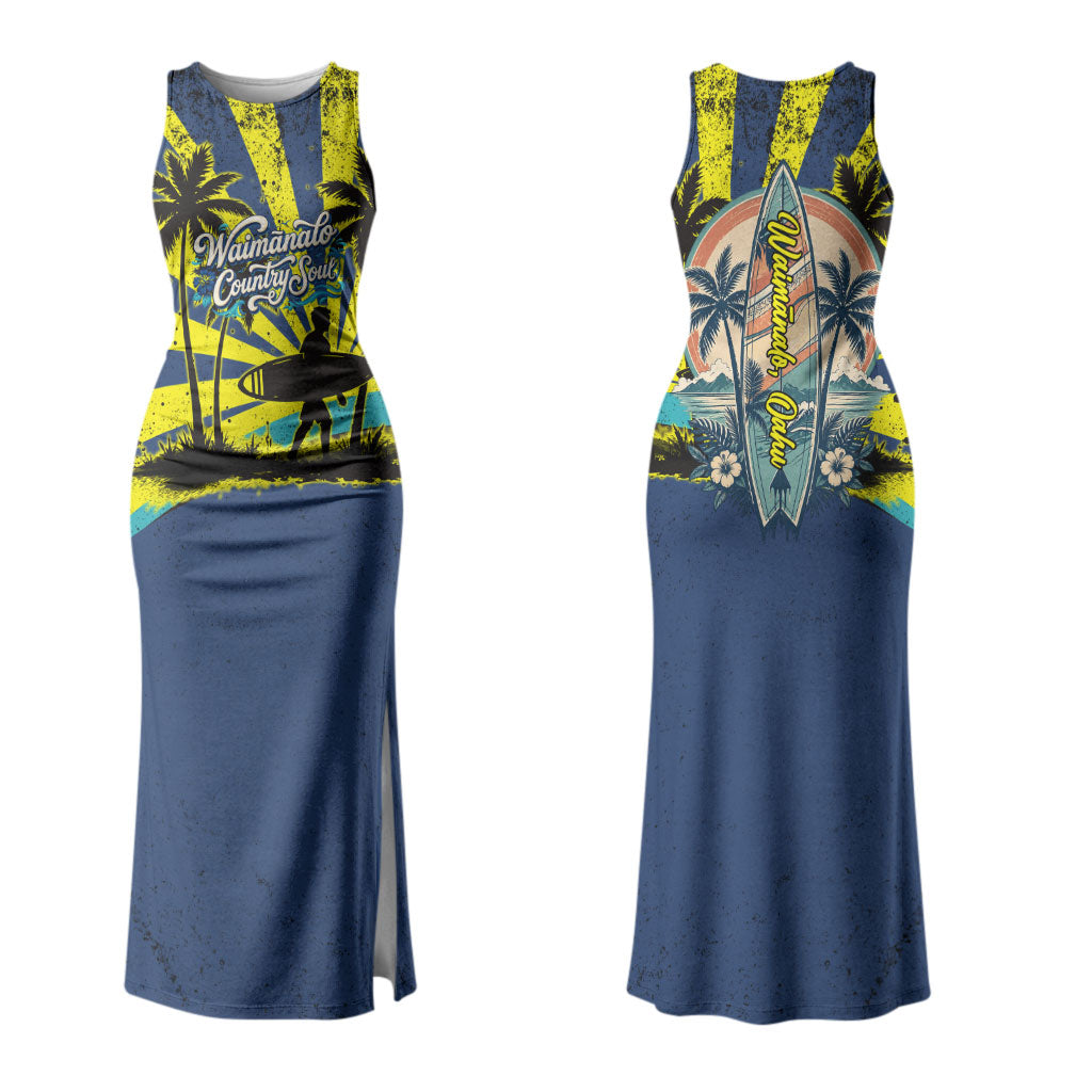 Waimanalo Oahu Hawaii Surfing Family Matching Tank Maxi Dress and Hawaiian Shirt Tropical Beach Retro Sunburst Surfboard