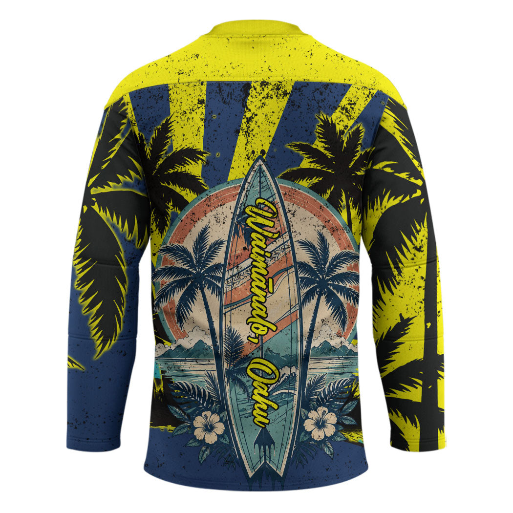 Waimanalo Oahu Hawaii Surfing Hockey Jersey Tropical Beach Retro Sunburst Surfboard