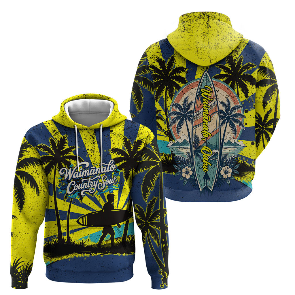 Waimanalo Oahu Hawaii Surfing Hoodie Tropical Beach Retro Sunburst Surfboard