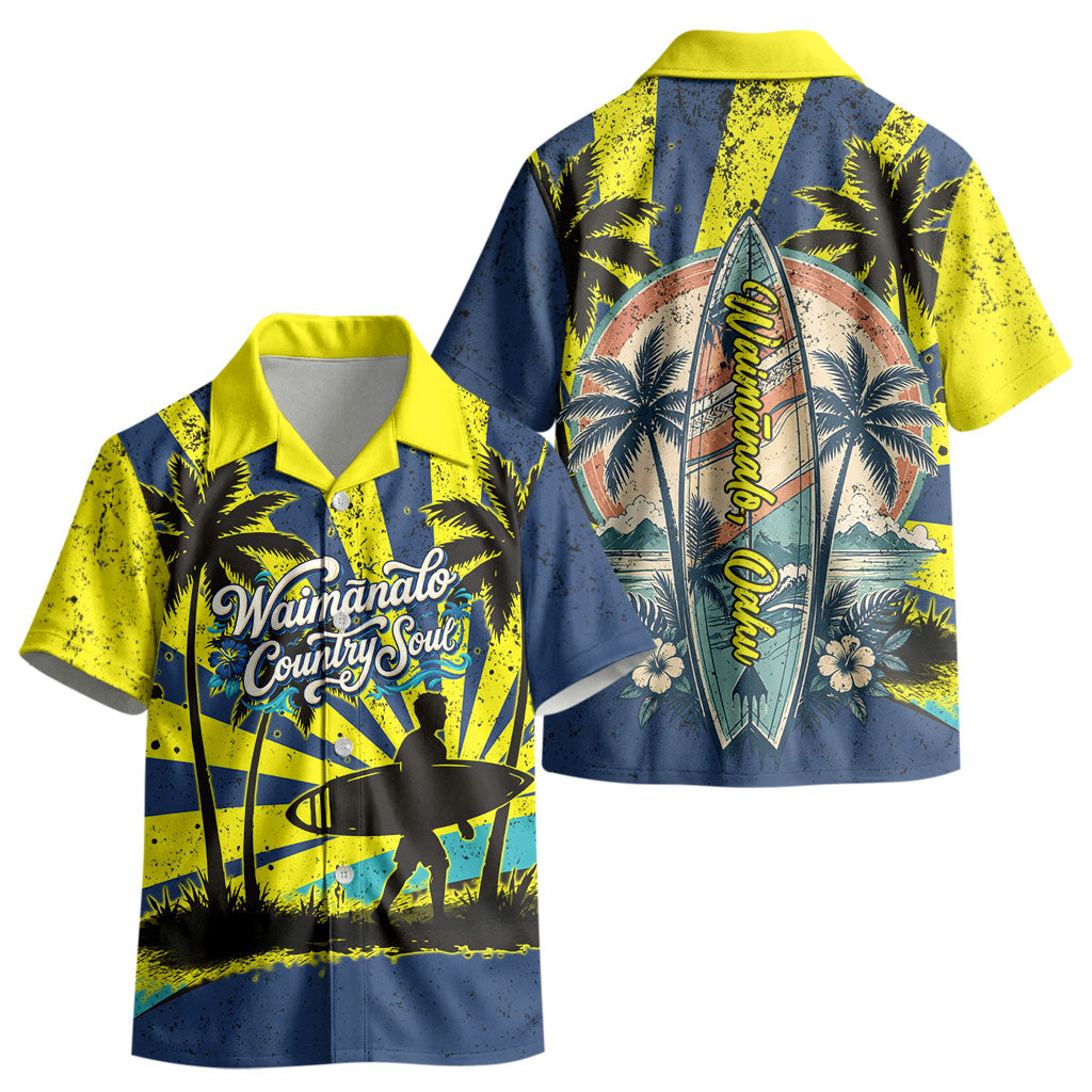 Waimanalo Oahu Hawaii Surfing Kid Hawaiian Shirt Tropical Beach Retro Sunburst Surfboard