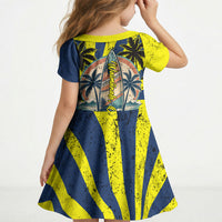Waimanalo Oahu Hawaii Surfing Kid Short Sleeve Dress Tropical Beach Retro Sunburst Surfboard