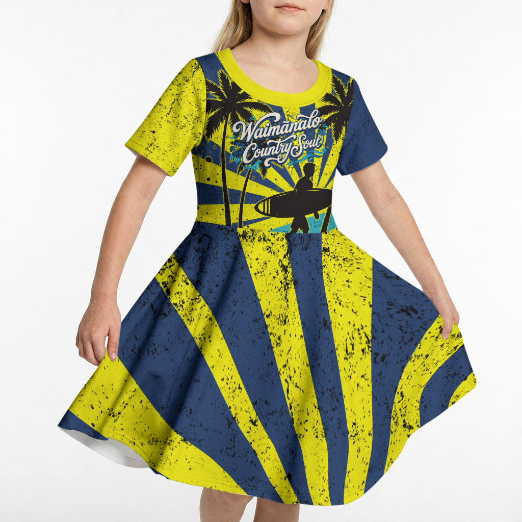 Waimanalo Oahu Hawaii Surfing Kid Short Sleeve Dress Tropical Beach Retro Sunburst Surfboard