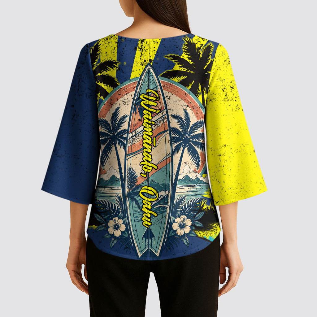 Waimanalo Oahu Hawaii Surfing Kimono Sleeve Blouse Tropical Beach Retro Sunburst Surfboard