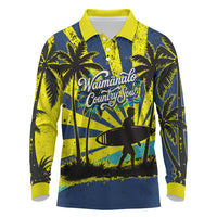 Waimanalo Oahu Hawaii Surfing Long Sleeve Polo Shirt Tropical Beach Retro Sunburst Surfboard