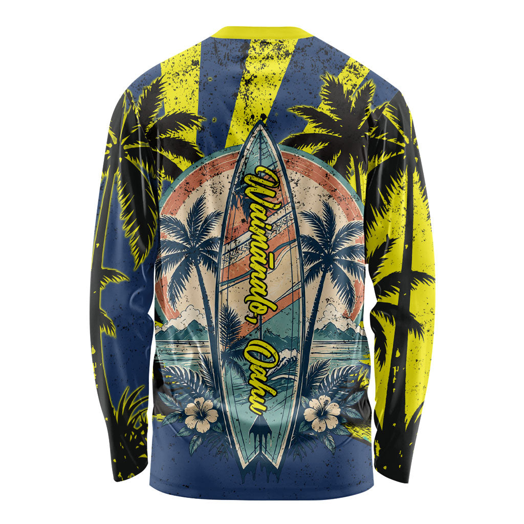 Waimanalo Oahu Hawaii Surfing Long Sleeve Shirt Tropical Beach Retro Sunburst Surfboard
