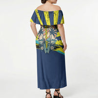 Waimanalo Oahu Hawaii Surfing Off Shoulder Maxi Dress Tropical Beach Retro Sunburst Surfboard