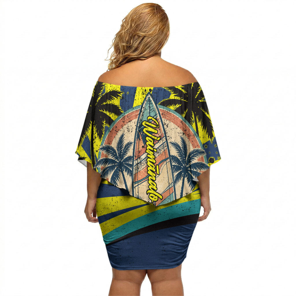 Waimanalo Oahu Hawaii Surfing Off Shoulder Short Dress Tropical Beach Retro Sunburst Surfboard