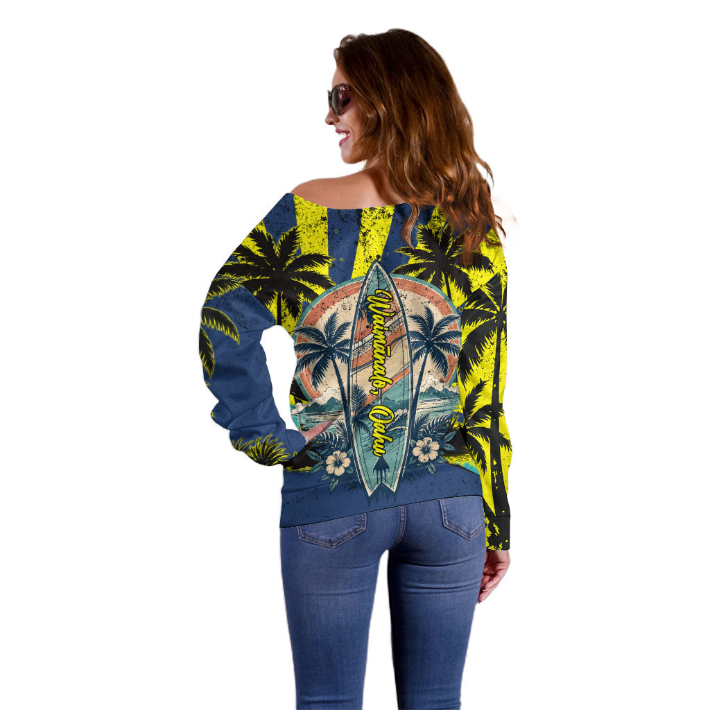 Waimanalo Oahu Hawaii Surfing Off Shoulder Sweater Tropical Beach Retro Sunburst Surfboard