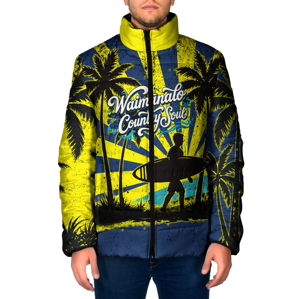 Waimanalo Oahu Hawaii Surfing Padded Jacket Tropical Beach Retro Sunburst Surfboard TS04 Men Yellow Blue - Polynesian Pride